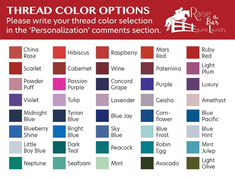 May include: A chart of thread color options for a sewing project. The chart includes 36 different colors, with names like China Rose, Scarlet, Powder Puff, Violet, Midnight Blue, Blueberry Shine, Little Boy Blue, Neptune, Hibiscus, Raspberry, Mars Red, Ruby Red, Cabernet, Wine, Paternina, Light Plum, Passion Purple, Concord Grape, Purple, Luxury, Tulip, Lavender, Geisha, Amethyst, Tyrian Blue, Blue Jay, Corn-flower, Blue Pacific, Bright Blue, Sky Blue, Blue Frost, Blue Hint, Dark Teal, Peacock, Robin Egg, Mint Julep, Seafoam, Mint, Avocado, and Light Olive.