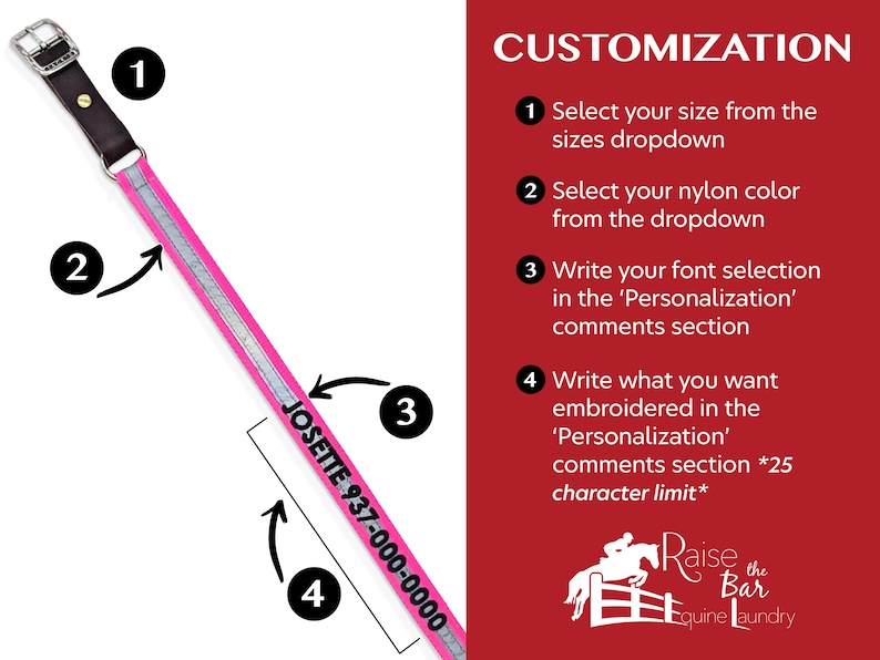 May include: A pink nylon dog collar with a silver reflective strip and a black leather buckle. The collar is personalized with the text "JOSETTE 937-000-0000".
