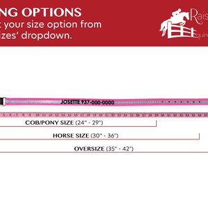 May include: A pink horse halter with a black leather buckle and a silver reflective strip. The halter is labeled "JOSETTE 937-000-0000". A measuring tape is shown below the halter with markings for cob/pony size (24" - 29"), horse size (30" - 36"), and oversize (35" - 42").