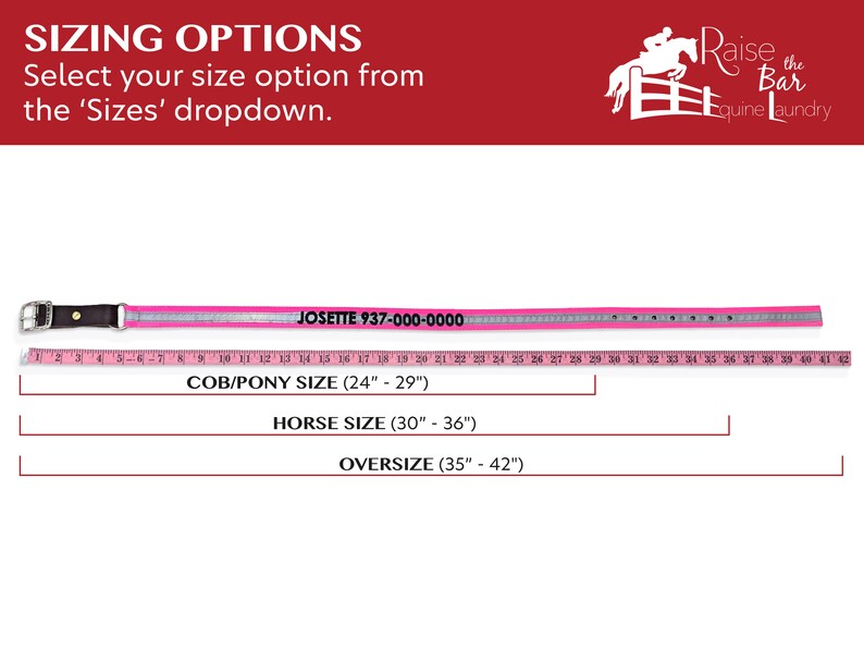 May include: A pink horse halter with a black leather buckle and a silver reflective strip. The halter is labeled "JOSETTE 937-000-0000". A measuring tape is shown below the halter with markings for cob/pony size (24" - 29"), horse size (30" - 36"), and oversize (35" - 42").