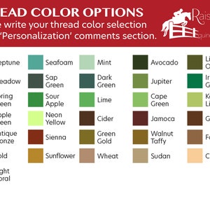 May include: A chart showing thread color options for a custom order. The chart has 24 color swatches with names like Neptune, Seafoam, Mint, Avocado, Light Olive, Sap Green, Dark Green, Irish Green, Spring Green, Sour Apple, Lime, Cape Green, Key Lime, Apple Green, Neon Yellow, Cider, Jamoca, Ginger, Antique Bronze, Sienna, Green Gold, Walnut Taffy, Fallow, Gold, Sunflower, Wheat, Sudan, and Chamomile.