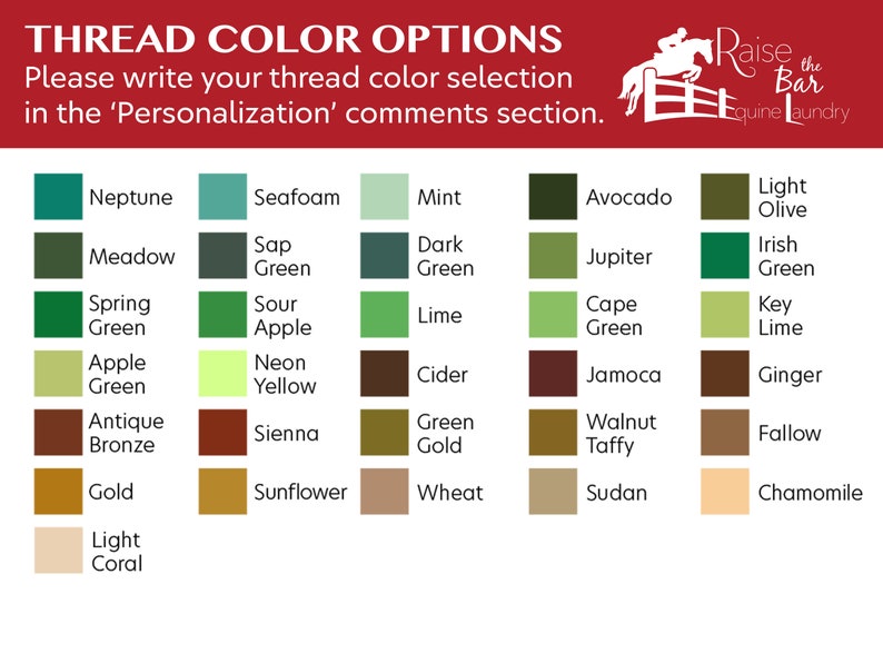 May include: A chart showing thread color options for a custom order. The chart has 24 color swatches with names like Neptune, Seafoam, Mint, Avocado, Light Olive, Sap Green, Dark Green, Irish Green, Spring Green, Sour Apple, Lime, Cape Green, Key Lime, Apple Green, Neon Yellow, Cider, Jamoca, Ginger, Antique Bronze, Sienna, Green Gold, Walnut Taffy, Fallow, Gold, Sunflower, Wheat, Sudan, and Chamomile.