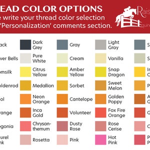 May include: A chart of thread color options for a horse laundry service. The chart shows 6 columns of 8 color swatches each, with the name of each color written below the swatch. The colors range from black to pink and include shades of gray, white, yellow, orange, and red.