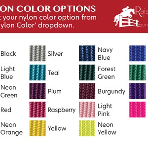 May include: A chart showing nylon color options for a product. The colors include black, silver, navy blue, royal blue, light blue, teal, forest green, kelly green, neon green, plum, burgundy, purple, red, raspberry, light pink, neon pink, neon orange, yellow, and neon yellow.