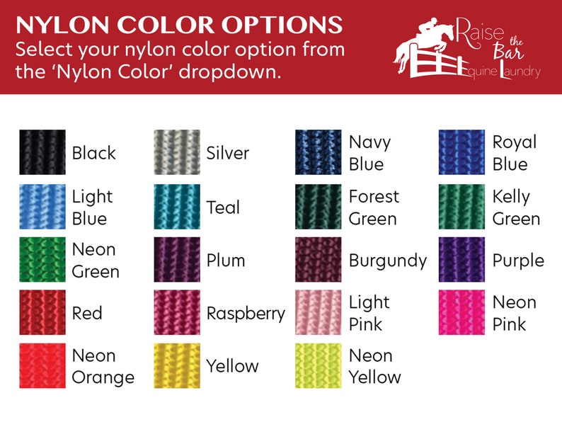 May include: A chart showing nylon color options for a product. The colors include black, silver, navy blue, royal blue, light blue, teal, forest green, kelly green, neon green, plum, burgundy, purple, red, raspberry, light pink, neon pink, neon orange, yellow, and neon yellow.
