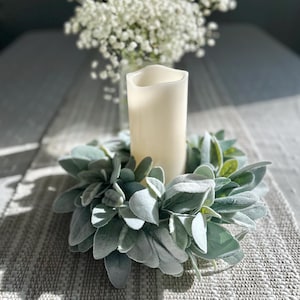 Lambs Ear Candle Wreath: Faux Greenery Table Centerpiece