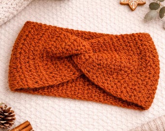 Burnt Orange Crochet Headwrap Ear Warmer, Twist Knit Headband, Fall Winter Hair Wrap, Handmade Boho Turban Headband Gift for Women