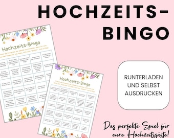 May include: Two printable wedding bingo cards with a floral border. The cards have a grid of squares with different wedding-related activities or events listed in each square. The text on the cards reads "Hochzeits-Bingo".