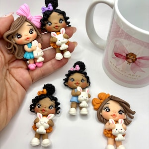 Bunny Collection  Clay Doll Handmade Bow Center, DIY Craft Charm, Polymer Clay Miniature, Party Favor, Cute Doll for Bows & Decorations