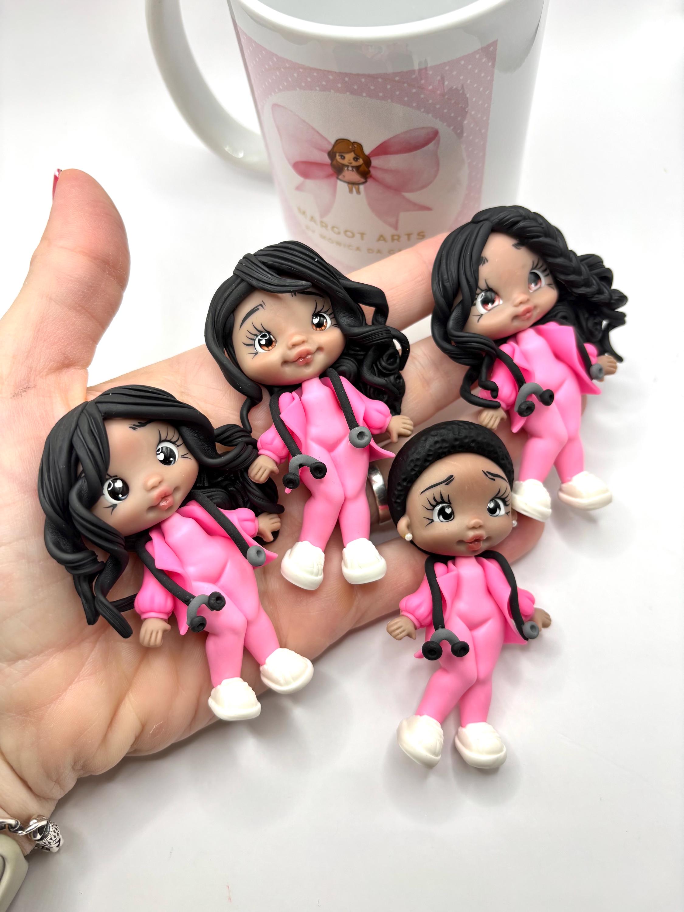 Medical Nurse Doctor 8 Clay Dolls – Handmade Bow Center, DIY Craft Embellishment, Polymer Clay Charm, Doll for Hair Accessories & Gifts