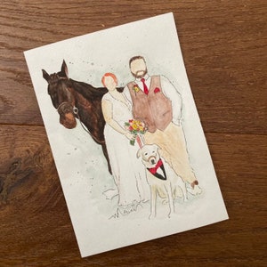 custom wedding watercolor bride & groom portrait with pets