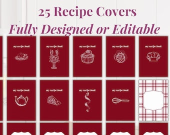 Red - 25 Recipe Covers, Editable or Fully Designed for Recipe Books, PDF, A4, Binder Insert