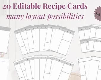 GREY - 20 Editable Recipe Cards - PDF, A4, Clean, Sheet, Binder Insert