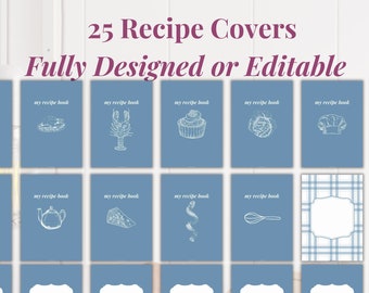 Light Blue - 25 Recipe Covers, Editable or Fully Designed for Recipe Books, PDF, A4, Binder Insert