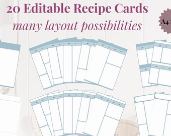 LIGHT BLUE - 20 Editable Recipe Cards - PDF, A4, Clean, Sheet, Binder Insert