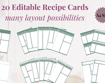 LIGHT GREEN - 20 Editable Recipe Cards - PDF, A4, Clean, Sheet, Binder Insert
