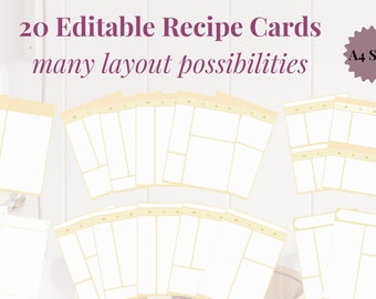 YELLOW - 20 Editable Recipe Cards - PDF, A4, Clean, Sheet, Binder Insert