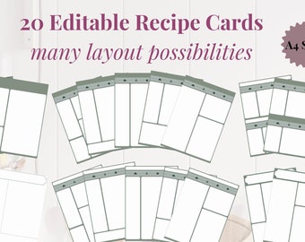 DARK GREEN - 20 Editable Recipe Cards - PDF, A4, Clean, Sheet, Binder Insert