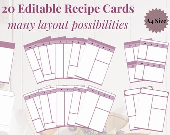PURPLE - 20 Editable Recipe Cards - PDF, A4, Clean, Sheet, Binder Insert