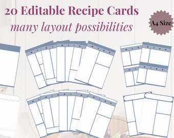 DARK BLUE - 20 Editable Recipe Cards - PDF, A4, Clean, Sheet, Binder Insert