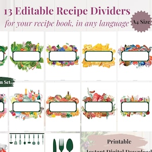 Vert foncé - 13 intercalaires de recettes MODIFIABLES PDF, A4, Clean, Sheet, Binder Insert