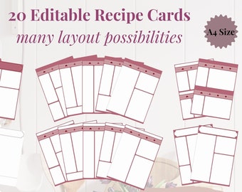 RED - 20 Editable Recipe Cards - PDF, A4, Clean, Sheet, Binder Insert