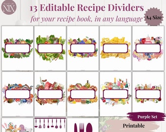 Purple - 13 EDITABLE Recipe Dividers PDF, A4, Clean, Sheet, Binder Insert