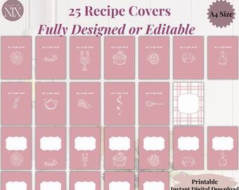 Pink - 25 Recipe Covers, Editable or Fully Designed for Recipe Books, PDF, A4, Binder Insert