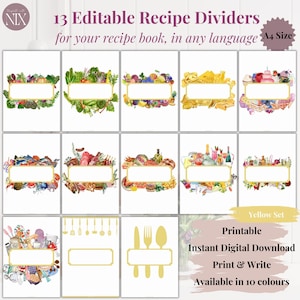 Jaune - 13 intercalaires de recettes modifiables PDF, A4, Clean, Sheet, Binder Insert