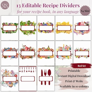 Rouge - 13 diviseurs de recettes modifiables PDF, A4, Clean, Sheet, Binder Insert