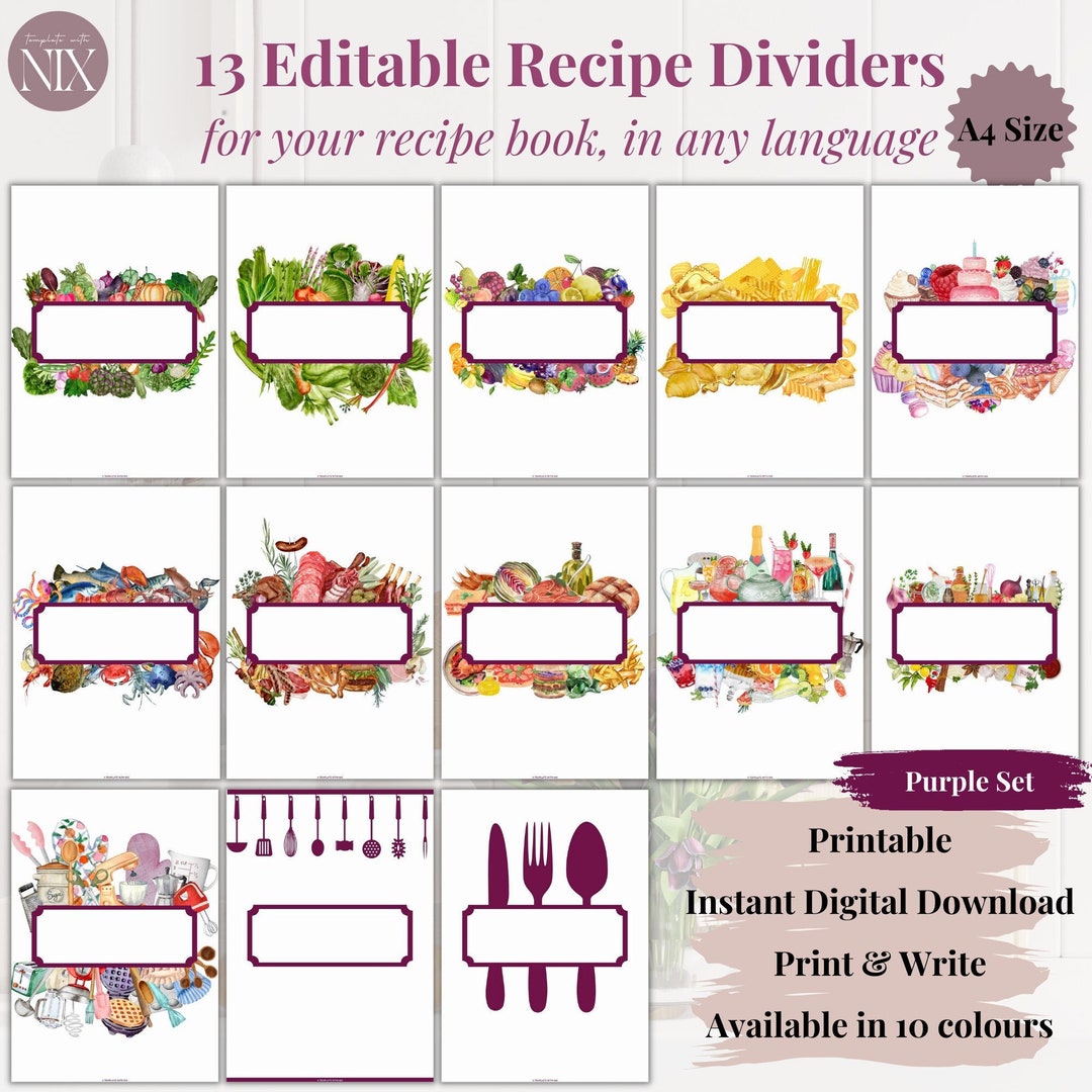 Purple - 13 EDITABLE Recipe Dividers PDF, A4, Clean, Sheet, Binder Insert - Etsy