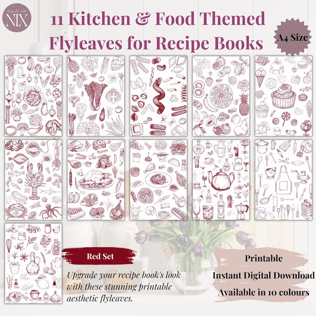 Red - 11 Kitchen and Food Themed Flyleaves for Recipe Books, PDF, A4 ...