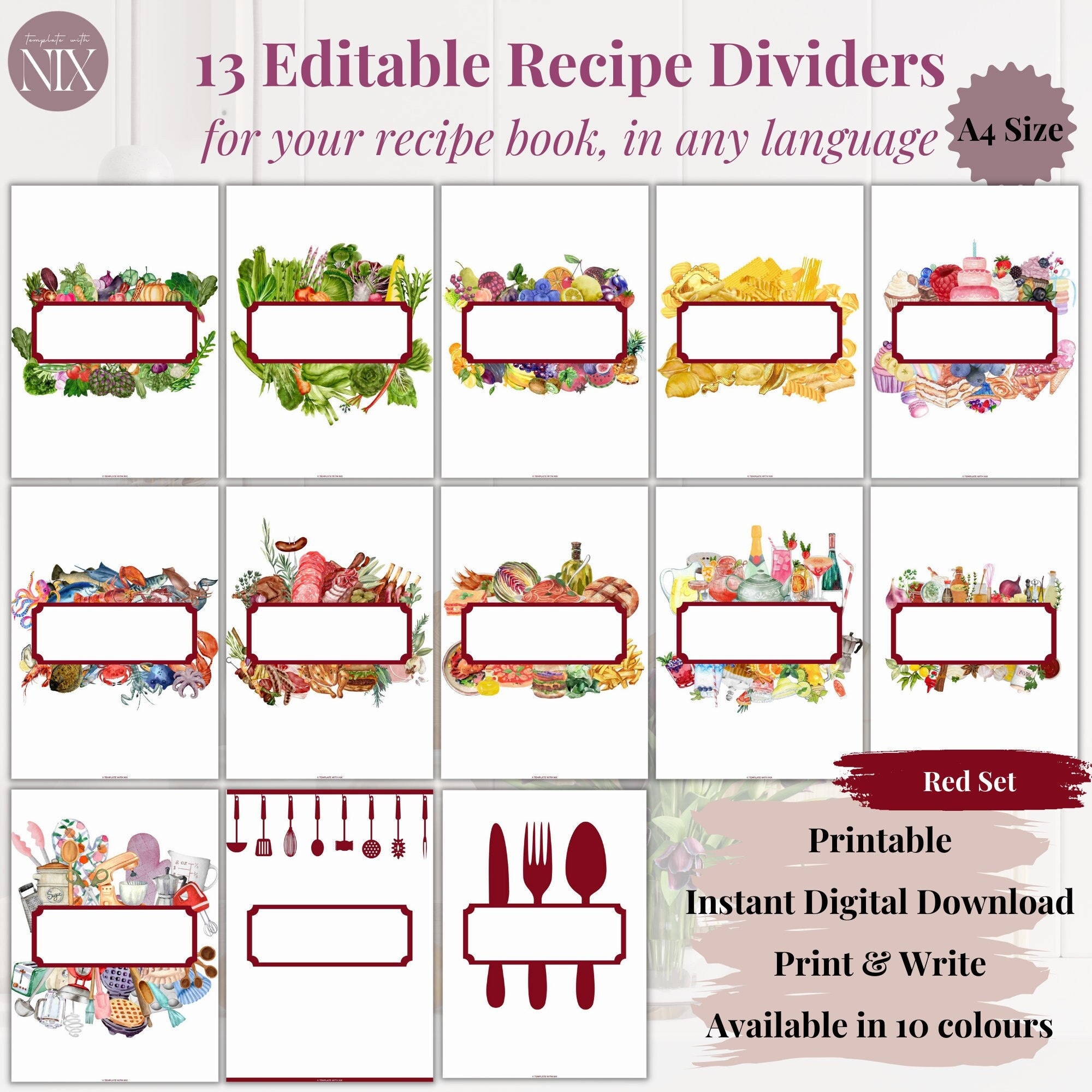 Red - 13 EDITABLE Recipe Dividers PDF, A4, Clean, Sheet, Binder Insert ...