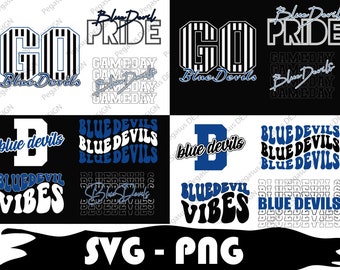 Puede incluir: Una hoja de diseño digital con varios gráficos para un equipo deportivo llamado Blue Devils. Los gráficos incluyen las palabras "Blue Devils", "Game Day", "Blue Devil Vibes" y "Blue Devil Pride".