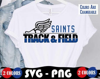 May include: White t-shirt with a black and blue design. The design features a winged foot, the text "Saints Track & Field", and the words "Colors Are Changeable".
