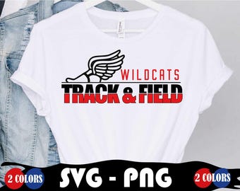 May include: White t-shirt with a black silhouette of a running shoe with wings and the text "Wildcats Track & Field" in red and black letters.