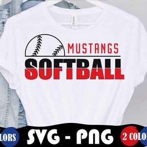 May include: White t-shirt with black and red text that says "Mustangs Softball" with a black and white softball graphic above the text. The text "SVG - PNG" is below the shirt and the text "2 Colors" is on either side of the shirt.