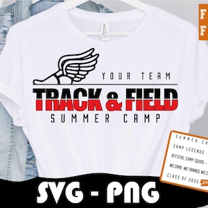 May include: White t-shirt with a black and red "Track & Field Summer Camp" design. The shirt features a winged foot graphic and the text "Your Team". Includes a small graphic that says "Free Font".