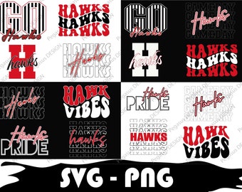 Puede incluir: Una descarga digital de 10 archivos SVG y PNG diferentes con la palabra "Hawks" en varios estilos y colores. Los diseños incluyen un ambiente retro, un tema de día de juego y un tema de orgullo.