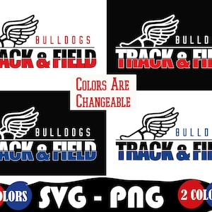 May include: A black and white graphic design of a running shoe with wings. The text "Bulldogs Track & Field" is in red and blue.