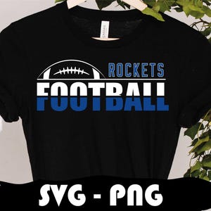 May include: Black t-shirt with a white football graphic and the text "ROCKETS FOOTBALL" in blue.