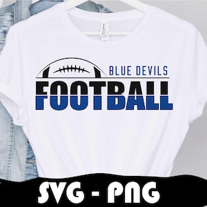 May include: White t-shirt with a blue and black graphic design that says "Blue Devils Football" with a football graphic above the text.