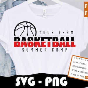 May include: White t-shirt with a basketball graphic and the words "YOUR TEAM BASKETBALL SUMMER CAMP" in black and red. Includes a small orange box that says "FREE FONT". Also includes a small sign that says "SUMMER CAMP".