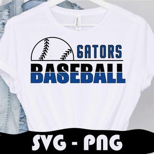 May include: White t-shirt with a blue and black baseball graphic and the text "Gators Baseball".