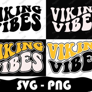 May include: Four variations of a graphic design with the text "VIKING VIBES" in a retro, psychedelic font. The text is in black, white, yellow, and a combination of black and white on a black background.