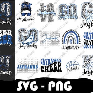 May include: A set of 10 digital designs featuring the text "Jayhawks" in various styles and colors. The designs include a basketball, a megaphone, a rainbow, and a cheetah print pattern. The text "SVG - PNG" is also included in the design.