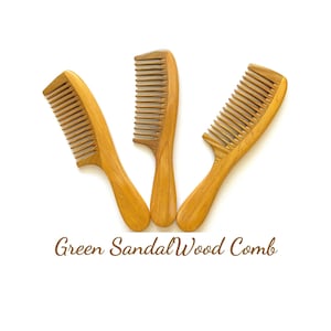 May include: Three wooden combs made of green sandalwood. The combs are arranged in a triangle shape on a white background. The text "Green Sandalwood Comb" is written below the combs.