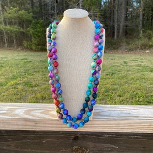 Long Silk Beaded Necklace, Multi-colored Necklace for Women
