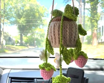 Crochet Strawberry Car Hanger: Handmade Cotton Car Charm with Metal Ring