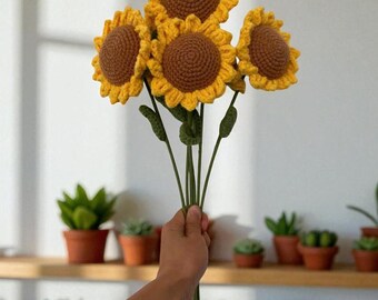 Handmade Crochet Sunflower – Knitted SunFlowers, Rustic Home Decor, Yarn Sunflowers, Unique Gift for Her, Boho Floral Arrangement
